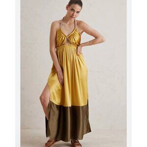 Anthropologie Silk Colorblocked Maxi Dress SIZE 14 HALTER BRAIDED